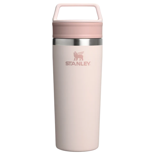Stanley Café To Go Travel Mug Rose Quartz 0.47L showing disassembled two piece lid and insulated mug body