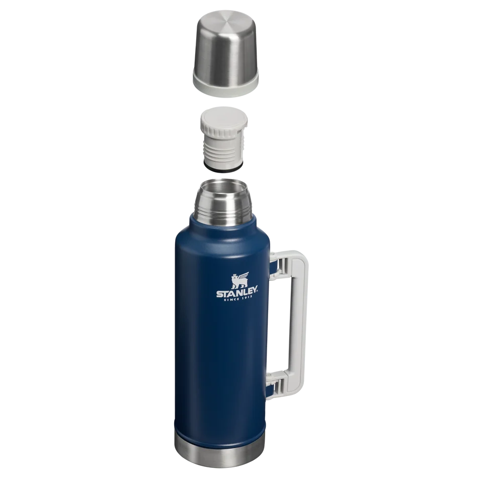 Stanley Classic Legendary Navy Insulated Bottle 1.9L showing body, handle, stopper, and cup lid