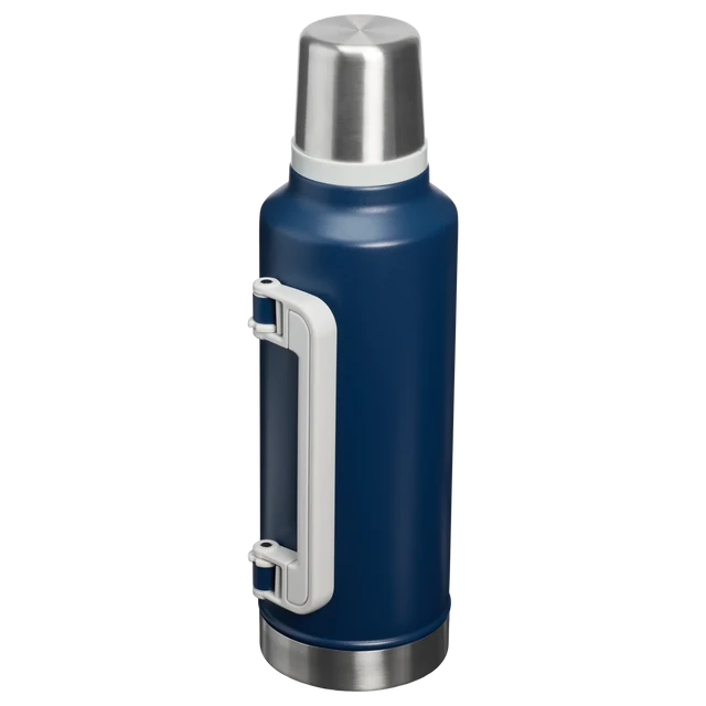 Stanley Classic Legendary Navy Insulated Bottle 1.9L showing body, handle, stopper, and cup lid
