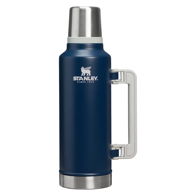 Stanley Classic Legendary Navy Insulated Bottle 1.9L showing body, handle, stopper, and cup lid