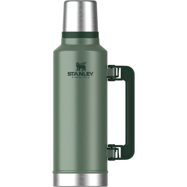 Stanley Classic Legendary Hammertone Green Insulated Bottle 1.9L standing upright with side handle