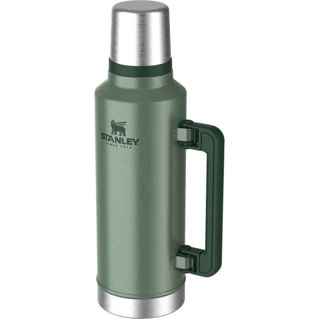 Stanley Classic Legendary Hammertone Green Insulated Bottle 1.9L standing upright with side handle