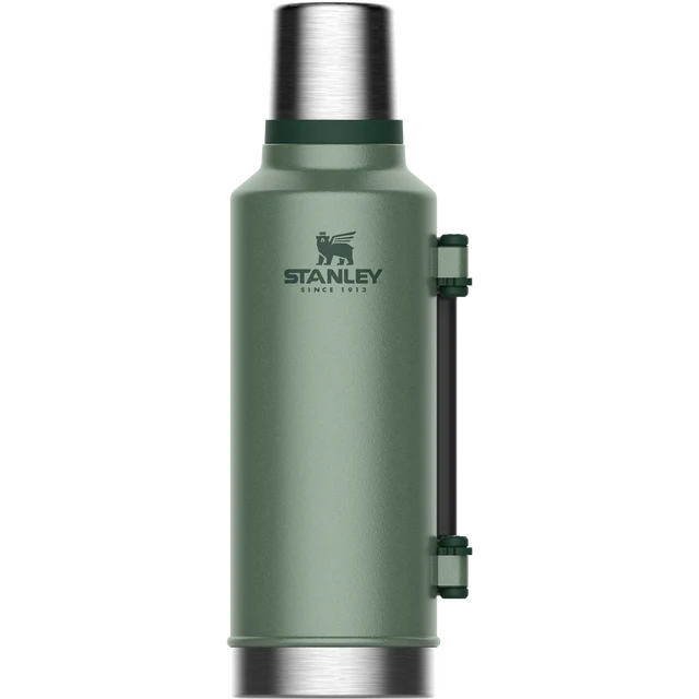 Stanley Classic Legendary Hammertone Green Insulated Bottle 1.9L standing upright with side handle