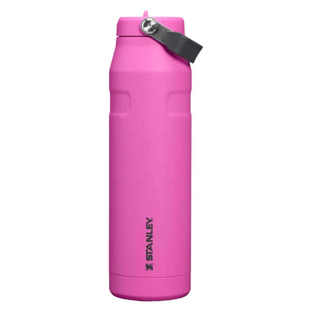 Stanley IceFlow Bottle Flip Straw 2.0 Hot Pink 1.06L showing close up of the lid and spout mechanism
