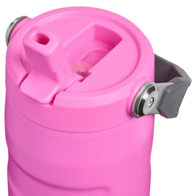 Stanley IceFlow Bottle Flip Straw 2.0 Hot Pink 0.47L showing detail of the lid and removable spout mechanism