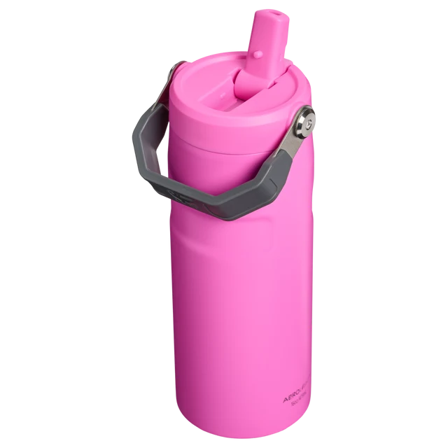 Stanley IceFlow Bottle Flip Straw 2.0 Hot Pink 0.47L showing detail of the lid and removable spout mechanism