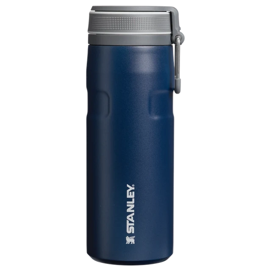 Stanley IceFlow Bottle Twist Flip Dark Navy 0.47L displaying open twist-to-flip lid mechanism