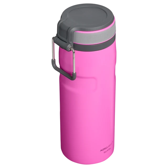 Stanley IceFlow Bottle Twist Flip Hot Pink 0.47L displaying open twist-to-flip lid mechanism