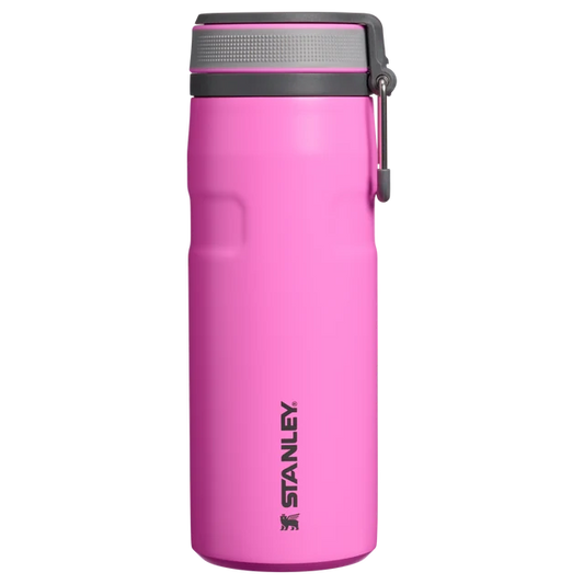 Stanley IceFlow Bottle Twist Flip Hot Pink 0.47L displaying open twist-to-flip lid mechanism