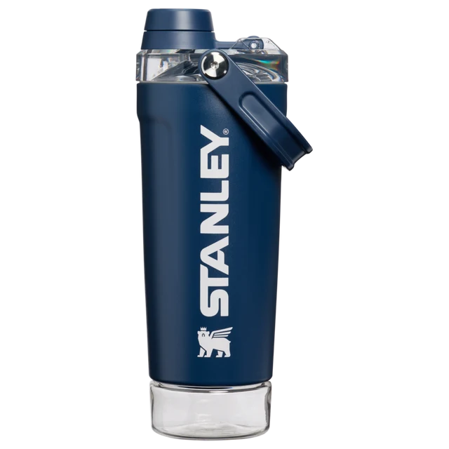 Stanley Vitalize Shaker Bottle 0.59L in Dark Navy featuring detachable storage compartment and carry handle