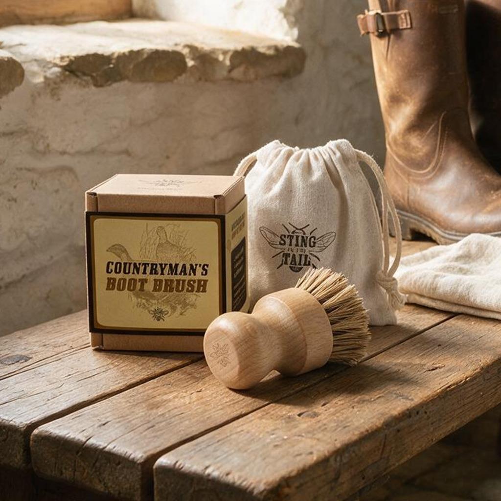 Sting in the Tail Countryman's Boot Brush with wooden handle, stiff bristles, drawstring pouch, and box.