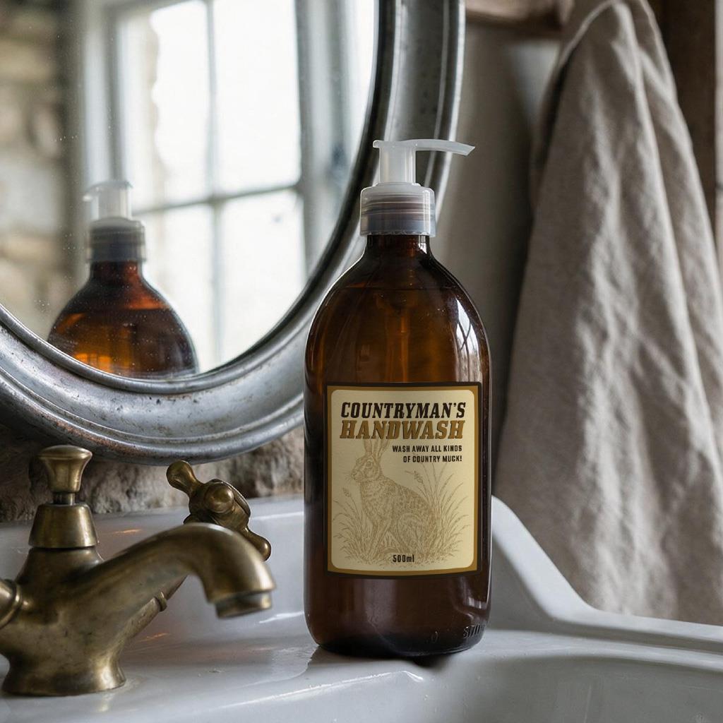 Sting in the Tail Countryman's Handwash 500ml amber pump bottle with hare illustration sitting by a sink.