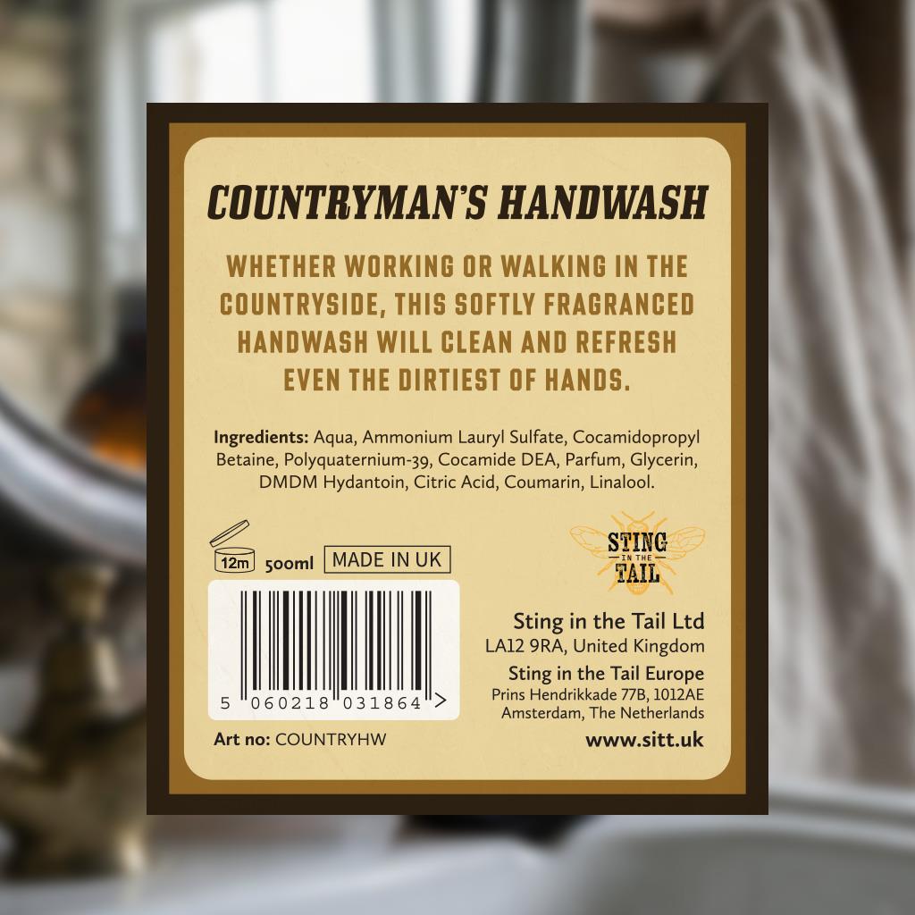 Sting in the Tail Countryman's Handwash 500ml amber pump bottle with hare illustration sitting by a sink.