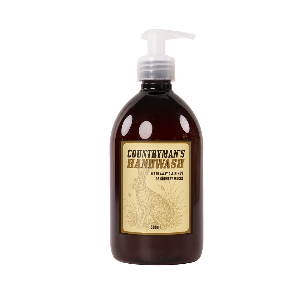 Sting in the Tail Countryman's Handwash 500ml amber pump bottle with hare illustration sitting by a sink.