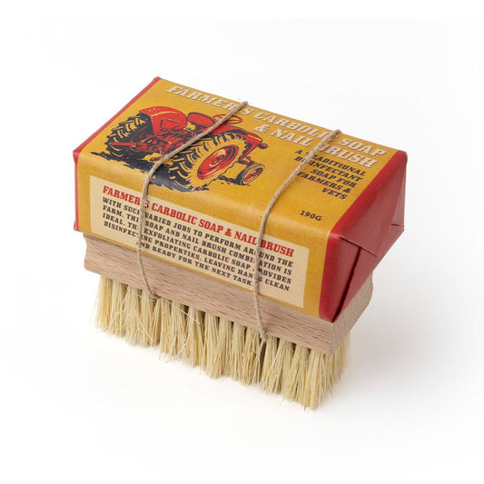 Farmer's 190g carbolic soap bar wrapped together with a wooden natural bristle nail brush.