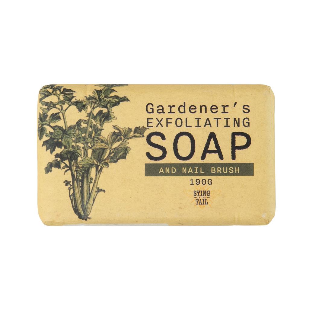 Sting in the Tail Gardener's Exfoliating Soap bar wrapped with a wooden nail brush using natural string.
