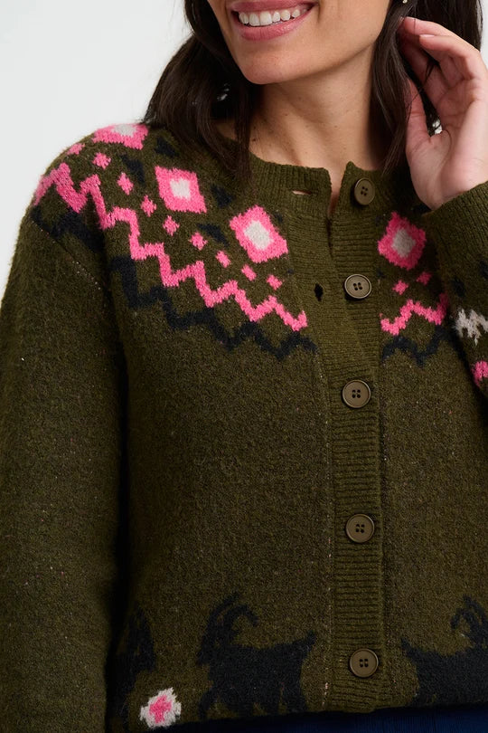 Sugarhill Brighton Olana Cardigan in olive green featuring a pink Fairisle yoke and goat motif detail