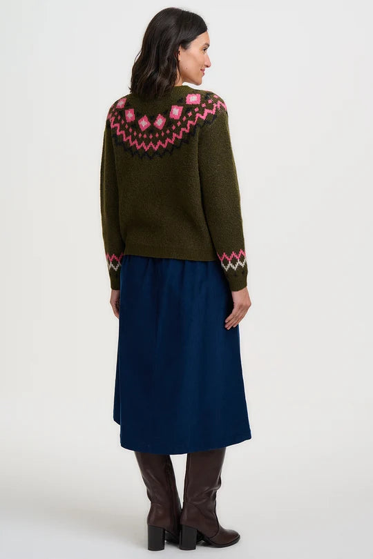 Sugarhill Brighton Olana Cardigan in olive green featuring a pink Fairisle yoke and goat motif detail