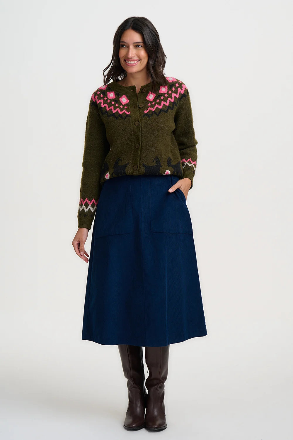 Sugarhill Brighton Olana Cardigan in olive green featuring a pink Fairisle yoke and goat motif detail