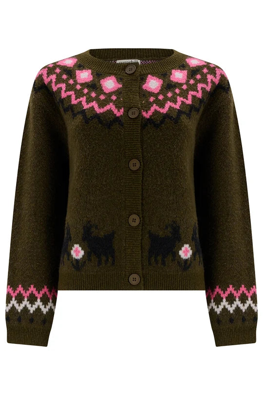 Sugarhill Brighton Olana Cardigan in olive green featuring a pink Fairisle yoke and goat motif detail