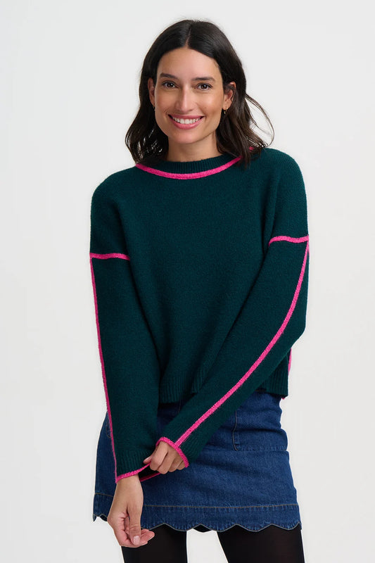 Sugarhill Brighton Rozalia jade green crew neck jumper with contrast bright pink trim