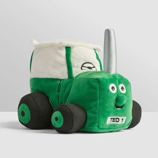 Soft green Tractor Ted plush toy sitting upright with embroidered details