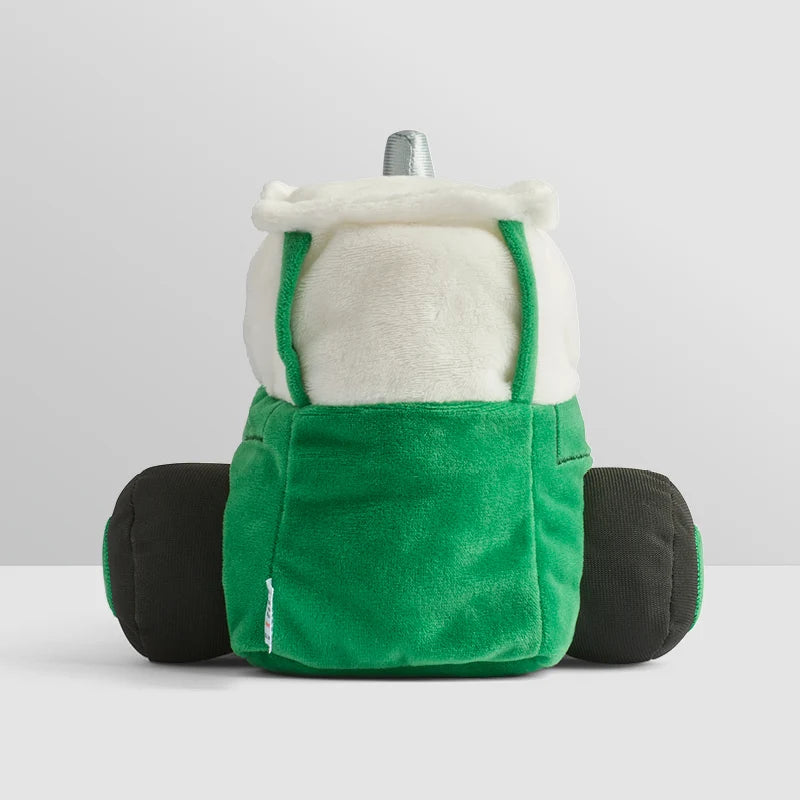 Soft green Tractor Ted plush toy sitting upright with embroidered details