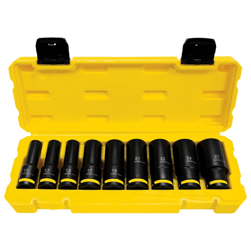 Jefferson Tundra 9 piece half inch drive deep metric impact socket set in black phosphate finish with storage case