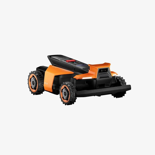 Segway Navimow Terranox professional robotic lawn mower showing high-traction 4WD off-road wheels, bright orange accents, and top-mounted VisionFence obstacle avoidance camera system.