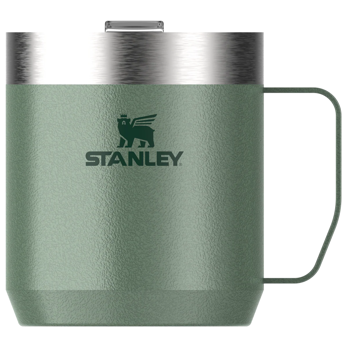 Stanley Legendary Everyday Camp Mug 350ml in Hammertone Green with secure Tritan drink-through lid on a rustic outdoor surface.