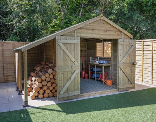 Forest Garden Timberdale 10x8 Apex Shed - Double Door With Log Store