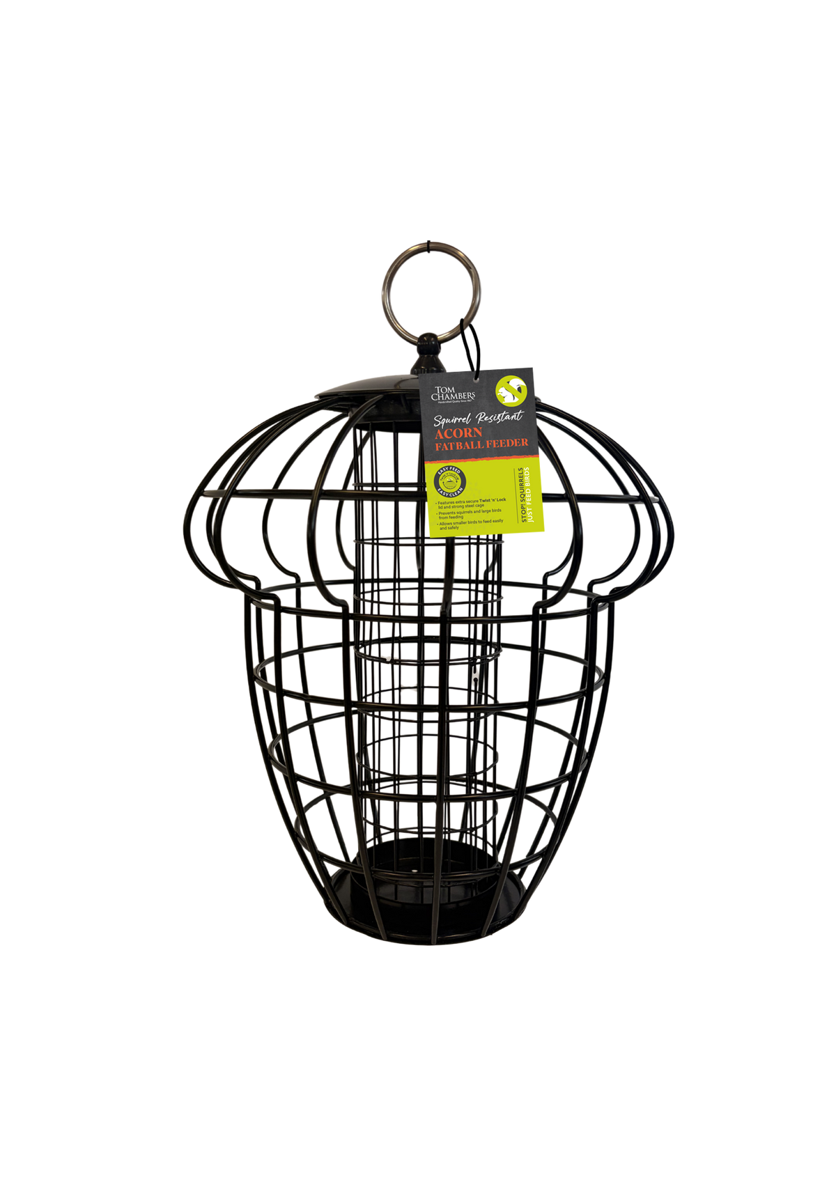 Tom Chambers Acorn Squirrel Resistant Fat Ball Feeder hanging against a black background.