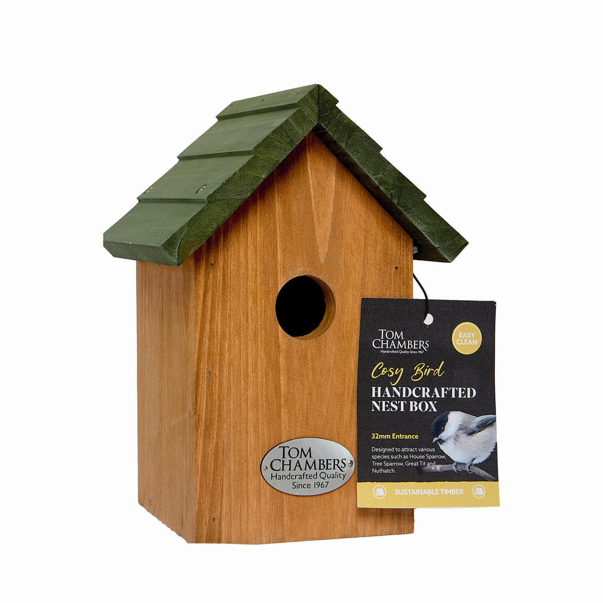 Tom Chambers Cosy Bird Nest Box with a green pitched roof and metal logo plate on a white background.