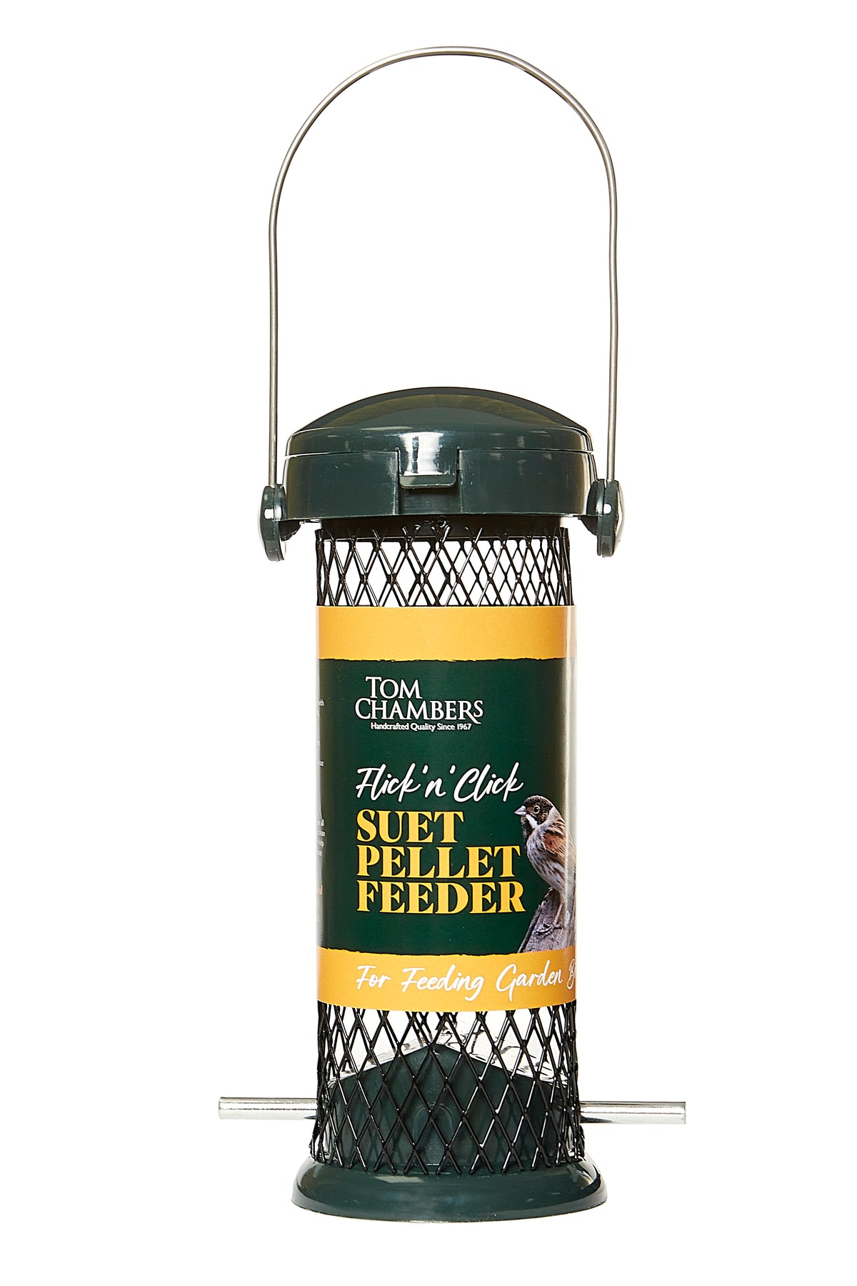 Tom Chambers Flick 'n' Click Suet Pellet Feeder with green lid and base against a white background.