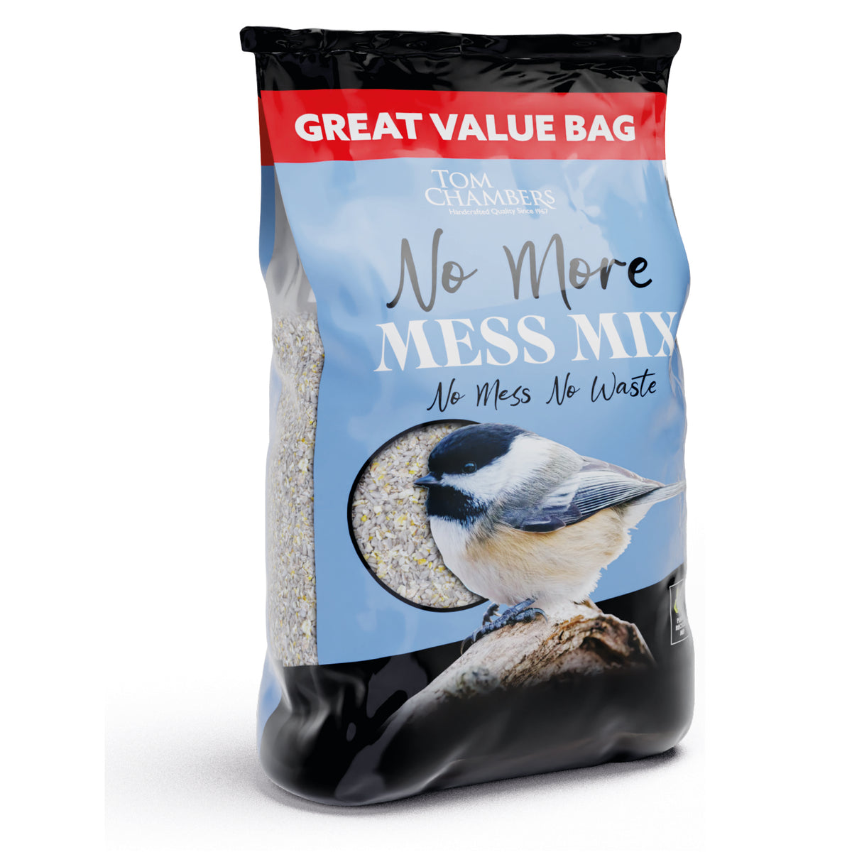 Tom Chambers No More Mess 12.55kg bird seed mix bag featuring a wild bird illustration.