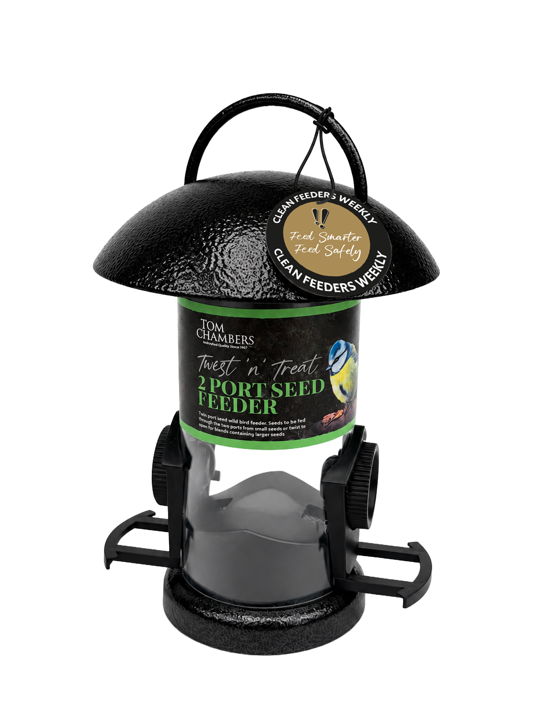 Tom Chambers Twist 'n' Treat 2 Port Seed Feeder with black dome roof