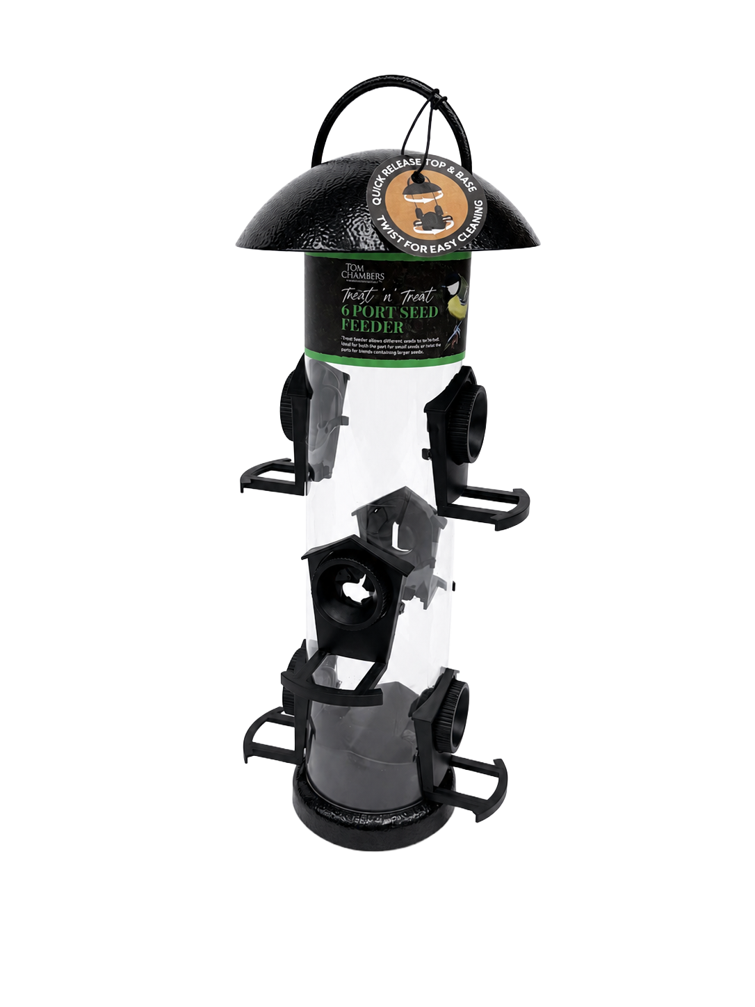 Tom Chambers Twist 'n' Treat 6 Port Seed Feeder with black dome roof.