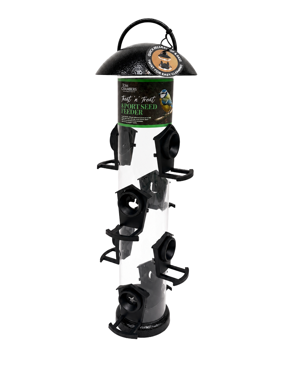 Tom Chambers Twist 'n' Treat 8 Port Seed Feeder with black dome roof.