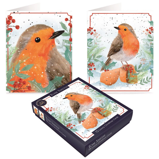 Tom Smith box of 15 luxury robin Christmas cards displaying two traditional festive robin designs with winter foliage.