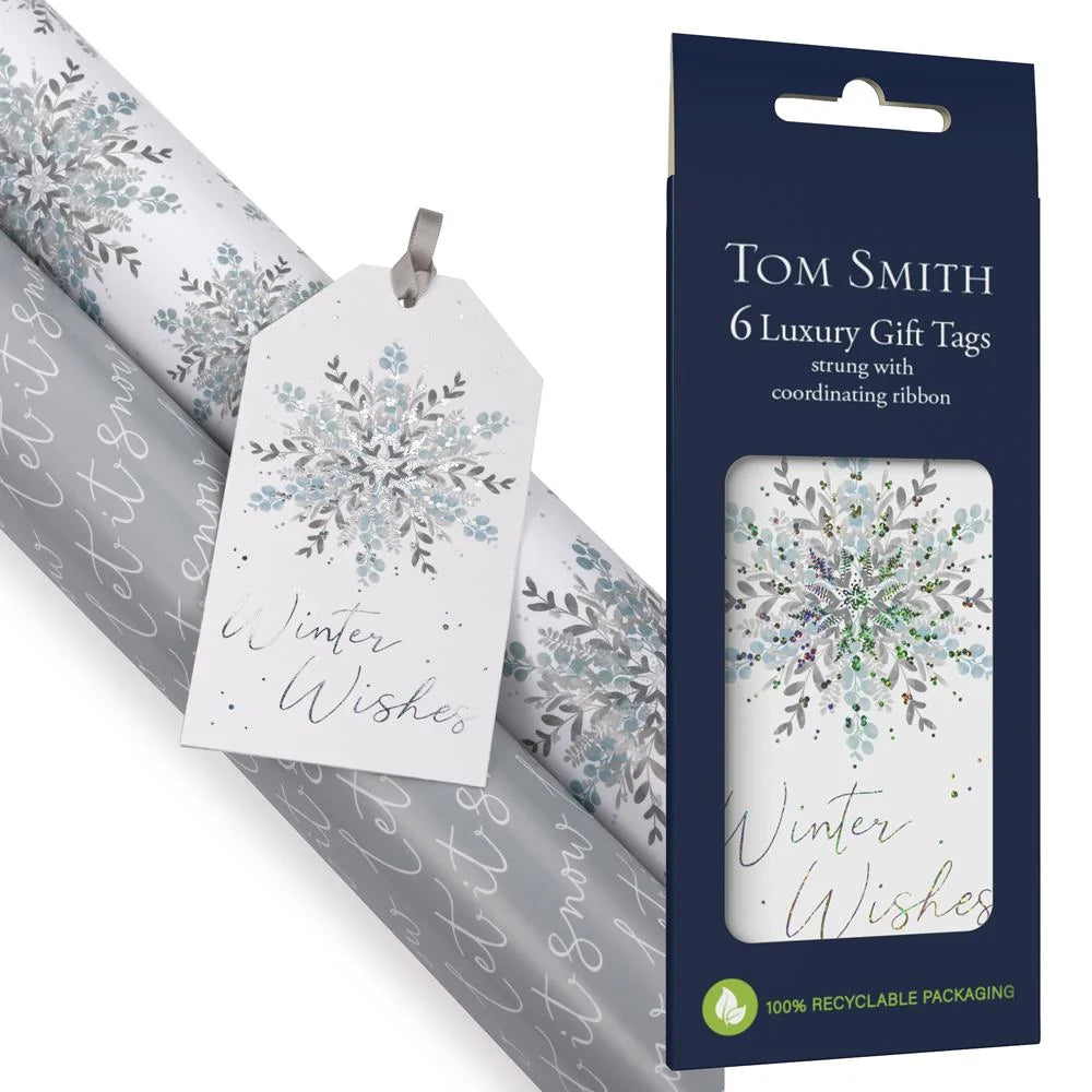 Tom Smith pack of 6 All Is Calm luxury Christmas gift tags pre-strung with ribbon in recyclable packaging