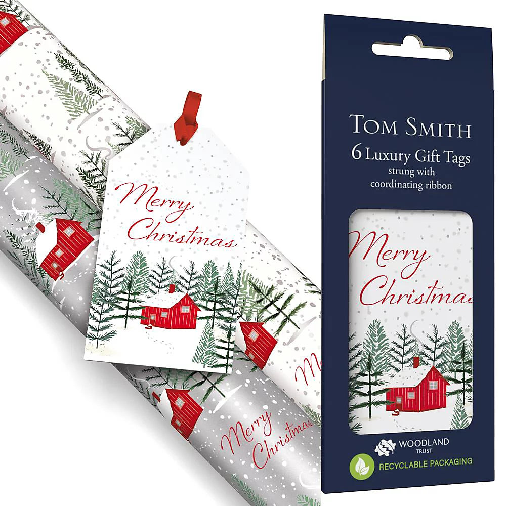 Tom Smith pack of 6 luxury red cabin winter scene Christmas gift tags pre-strung with red ribbon