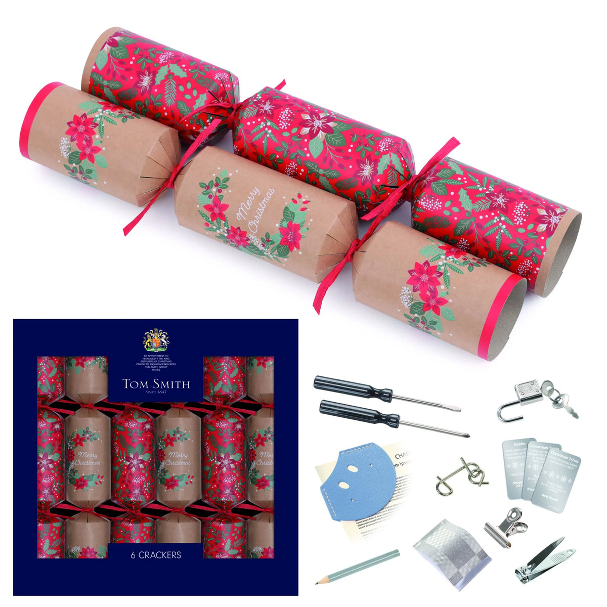 Tom Smith Evergreen Haven 6 pack Christmas crackers featuring poinsettia designs and included gifts.