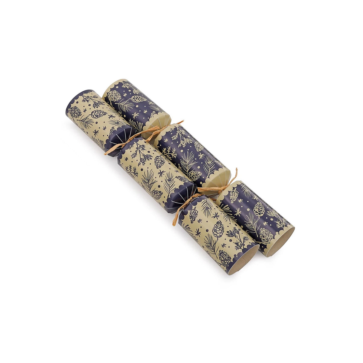 Tom Smith box of 8 12.5-inch foliage family Christmas dinner crackers showing navy and gold pine cone designs with included gifts.