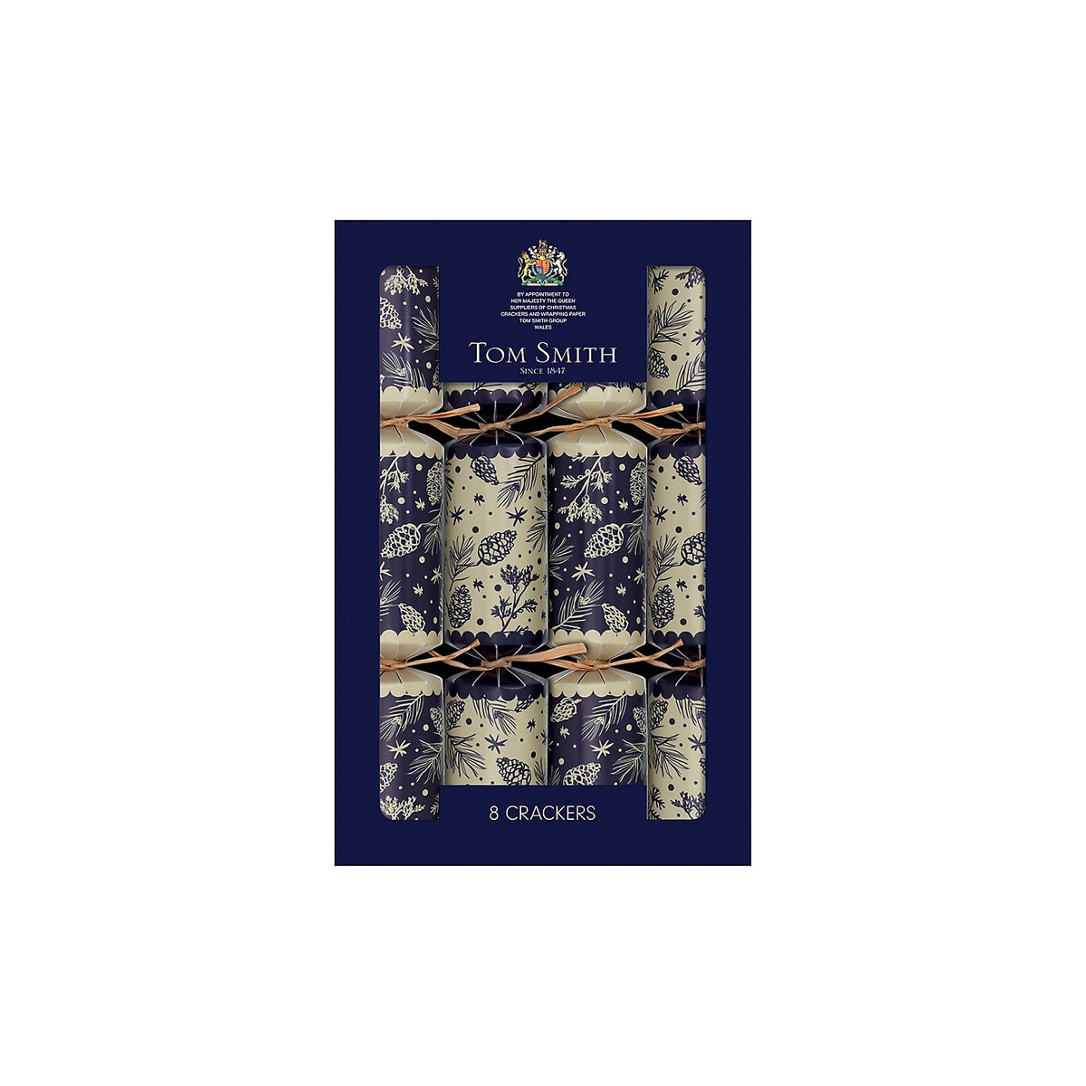 Tom Smith box of 8 12.5-inch foliage family Christmas dinner crackers showing navy and gold pine cone designs with included gifts.