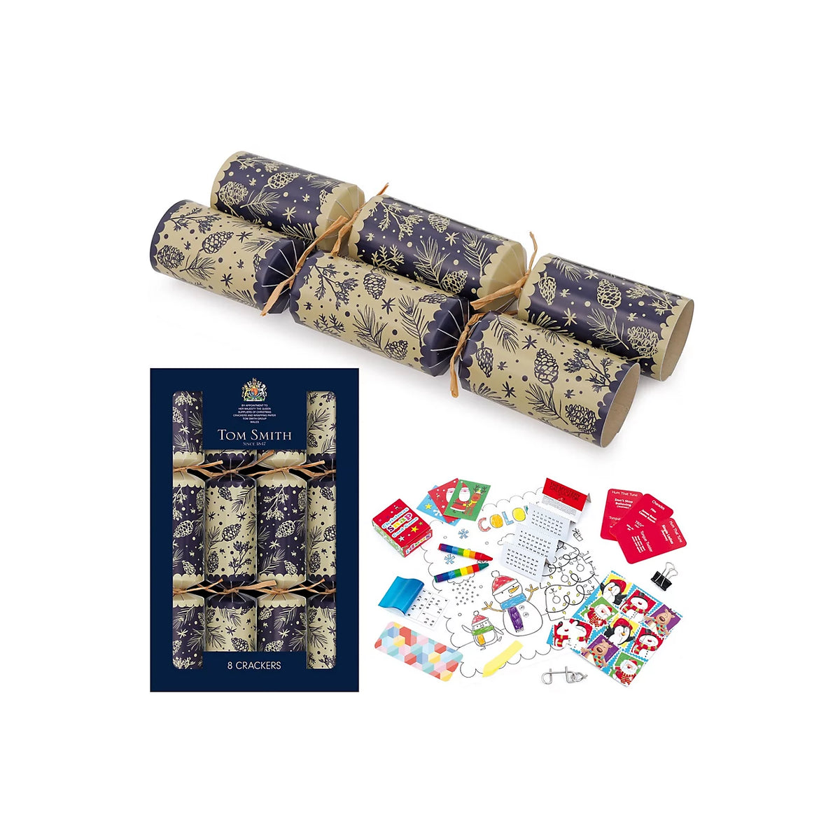 Tom Smith box of 8 12.5-inch foliage family Christmas dinner crackers showing navy and gold pine cone designs with included gifts.