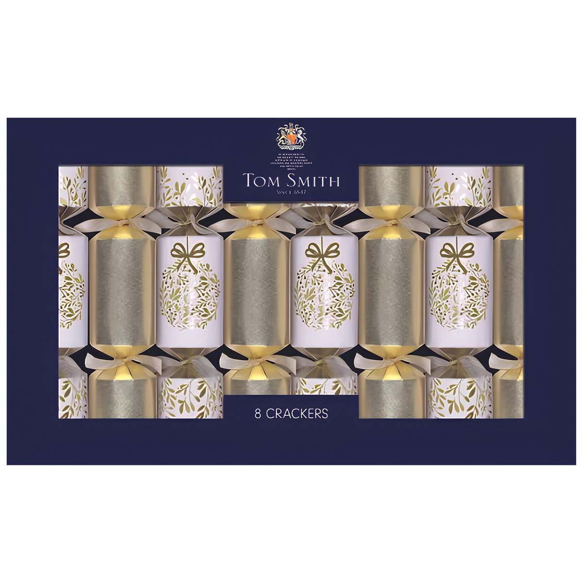 Tom Smith box of 8 gold deluxe 14 inch wide barrel Christmas crackers with organza ribbon ties and foil wreath designs.