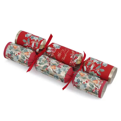 Tom Smith box of 6 14-inch Christmas nest crackers with robin and holly design and red ribbon ties.
