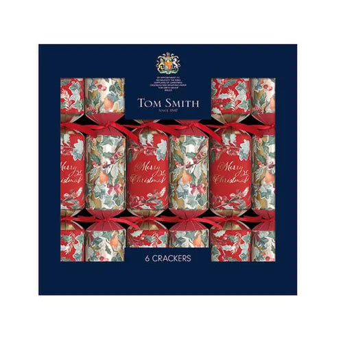 Tom Smith box of 6 14-inch Christmas nest crackers with robin and holly design and red ribbon ties.