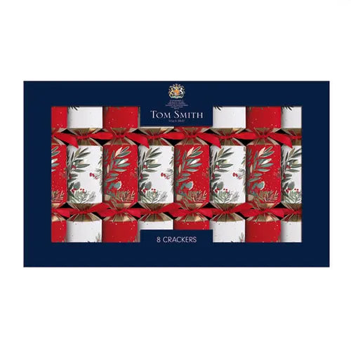 Tom Smith box of 8 red and white deluxe 14 inch Christmas crackers with red ribbon ties and foliage designs.