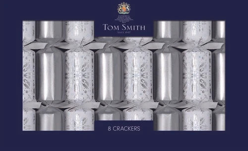 Tom Smith box of 8 silver deluxe 14 inch wide barrel Christmas crackers with organza ribbon ties and foliage designs.